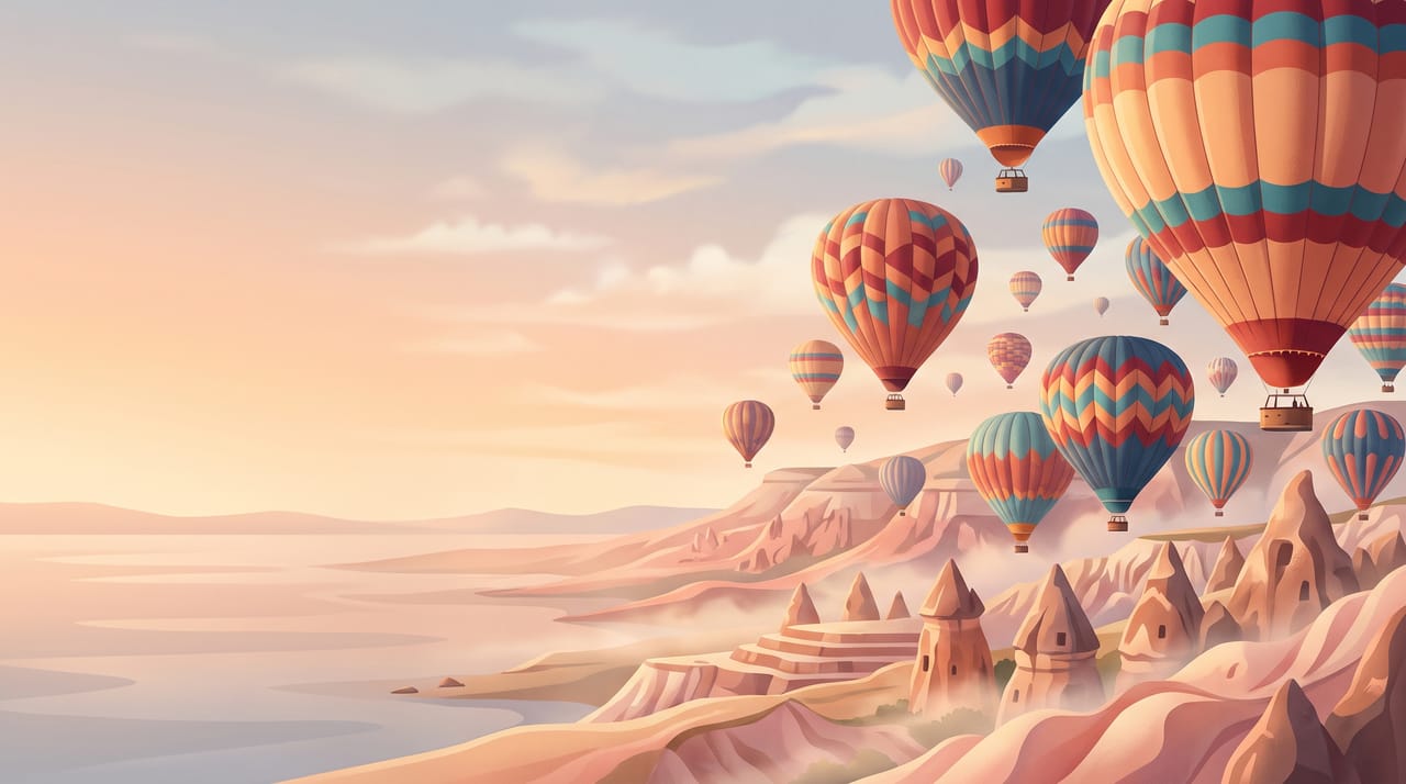 Illustration of colorful hot-air balloons over the fairy chimneys of Cappadocia at sunrise, Turkey